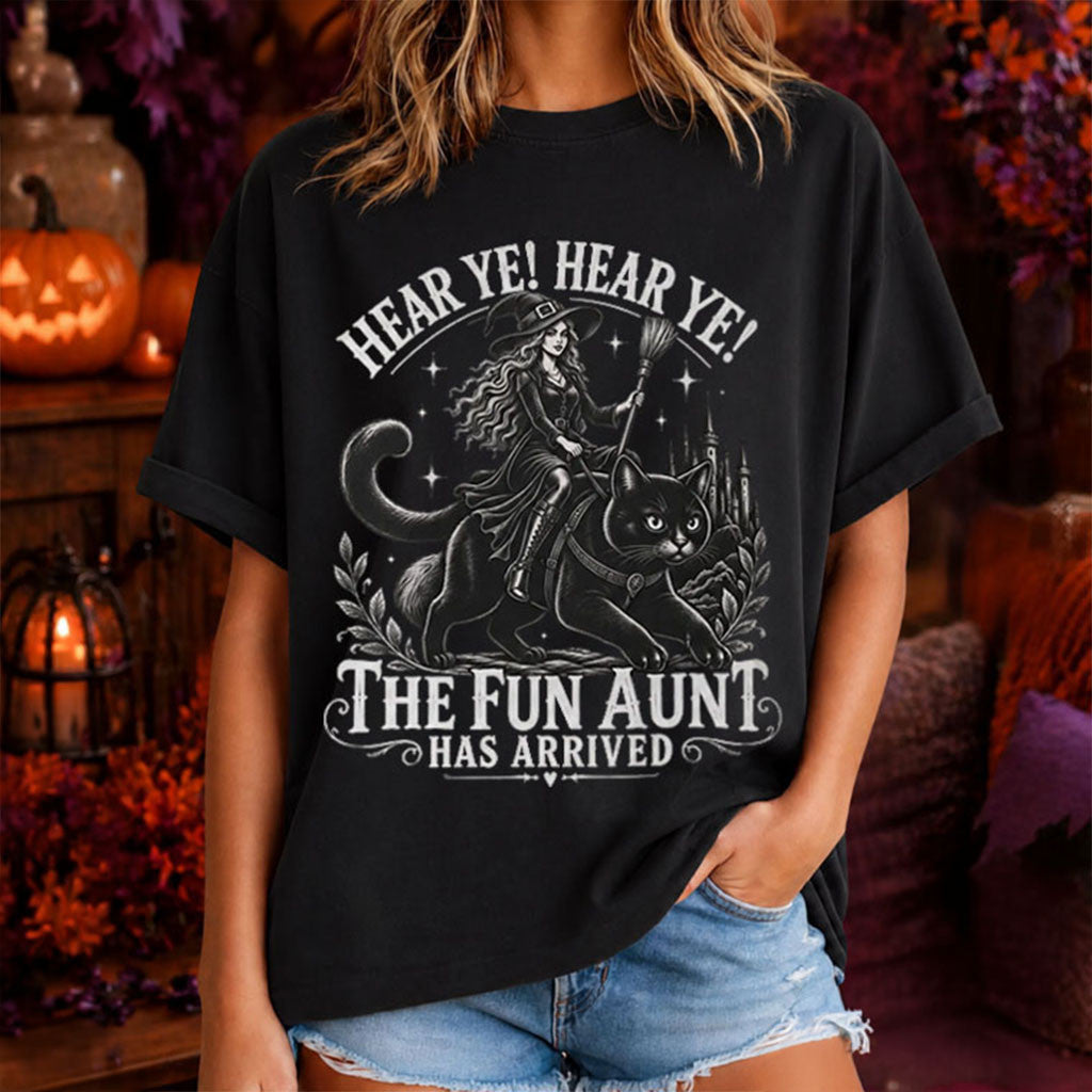 Fun Aunt Riding Black Cat Hear Ye Knight Funny T-Shirt Halloween Gift For Witch Lovers - Merchluma