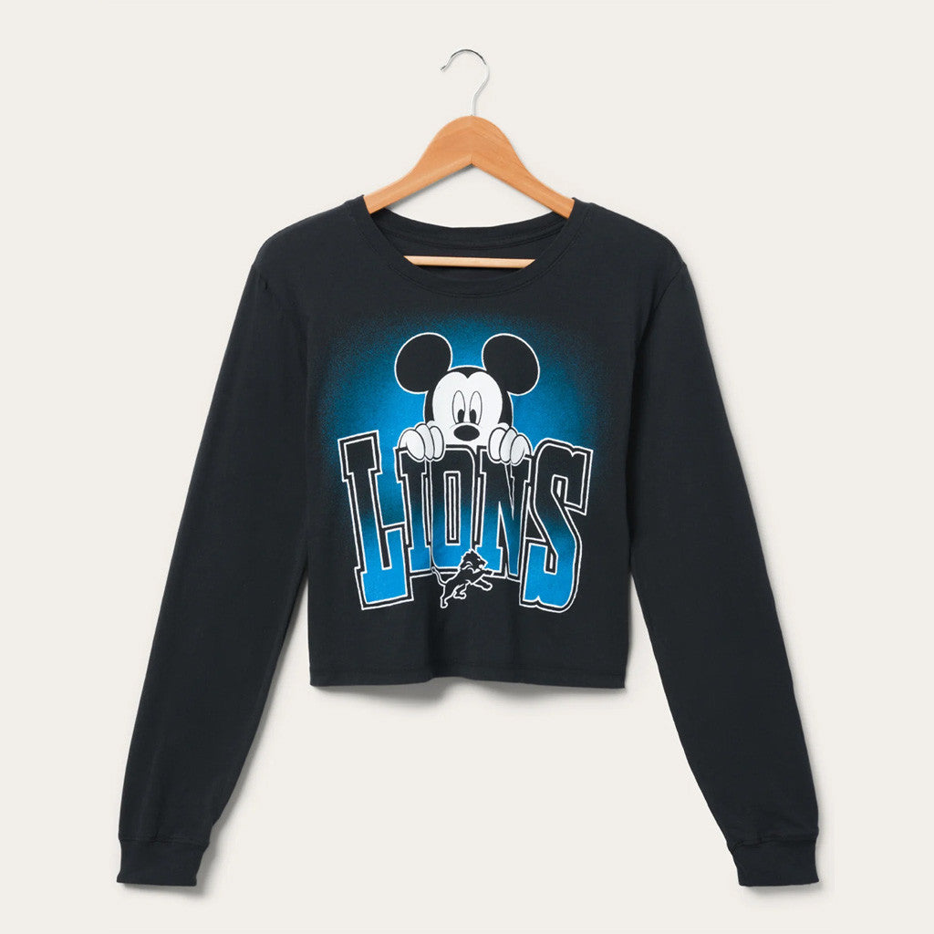 D X Junk Food Football Collection Merch Detroit Lions Mickey Hang On Crop Long Sleeve Shirt 2026 - Merchluma