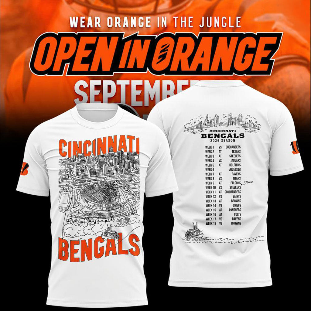 Cincinnati Bengals Merch Open In Orange 2026 Schedule T-Shirt White Football Fan Clothing Gifts - Merchluma