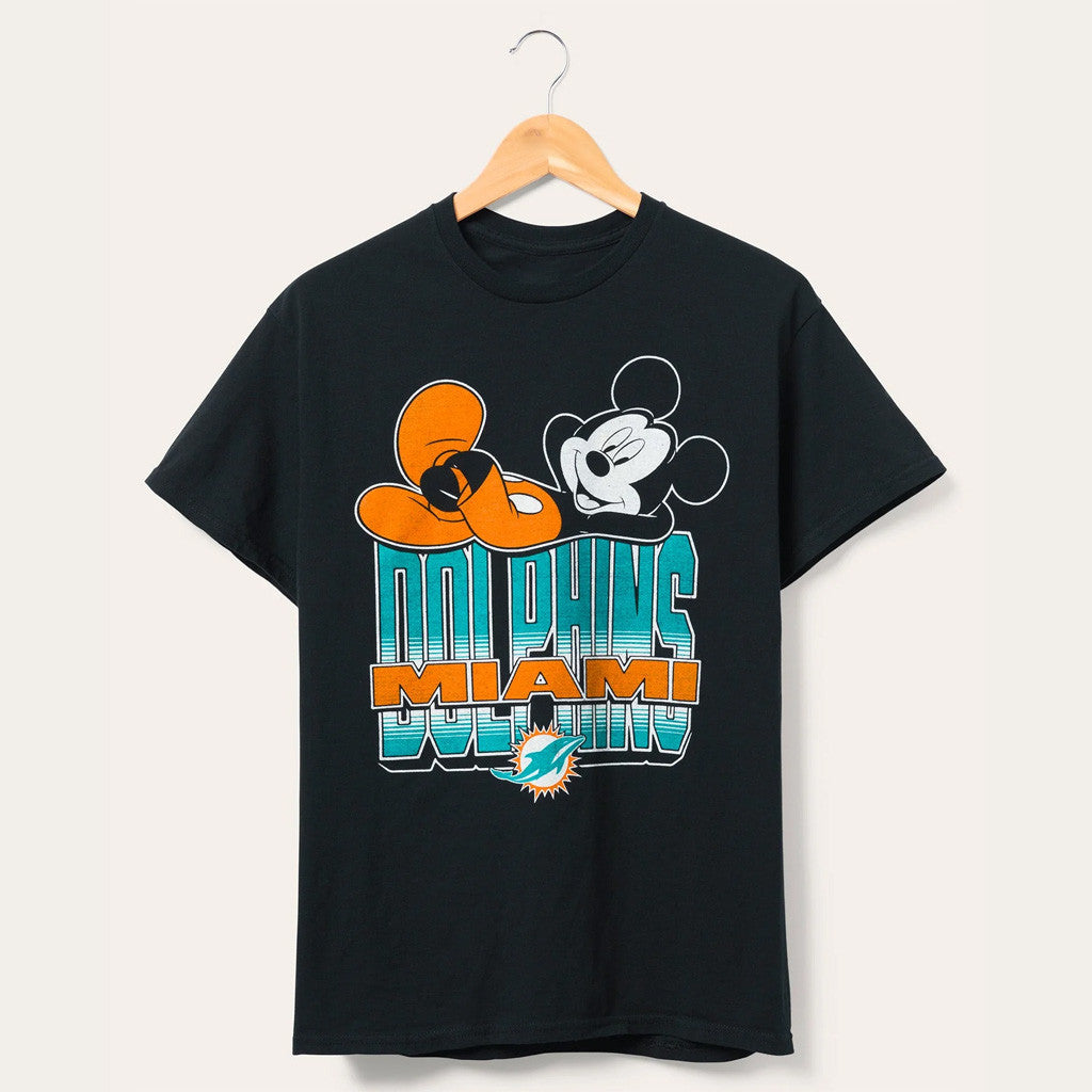 D X Junk Food Football Collection Merch Miami Dolphins Mickey Kick Back T-Shirt Dolphins Merch - Merchluma