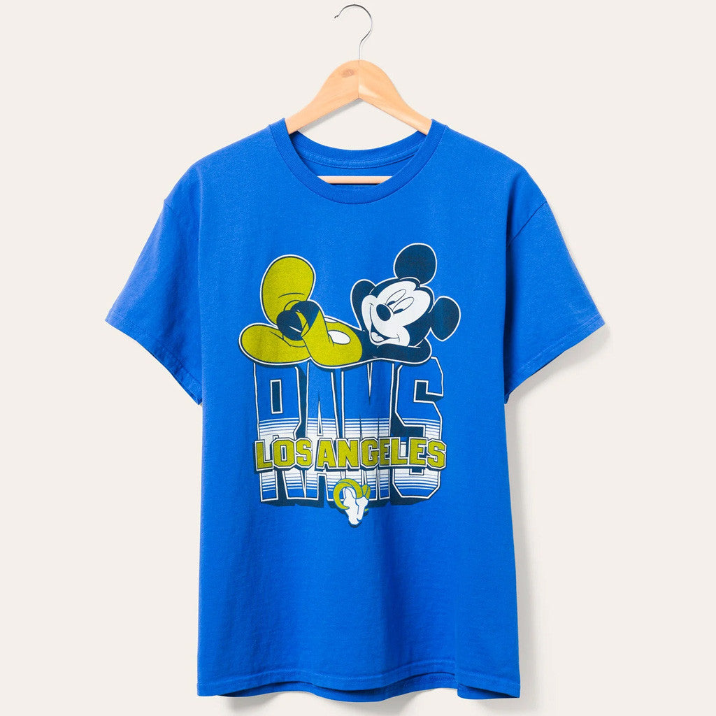 D X Junk Food Football Collection Merch Los Angeles Rams Mickey Kick Back T-Shirt Rams Merch - Merchluma