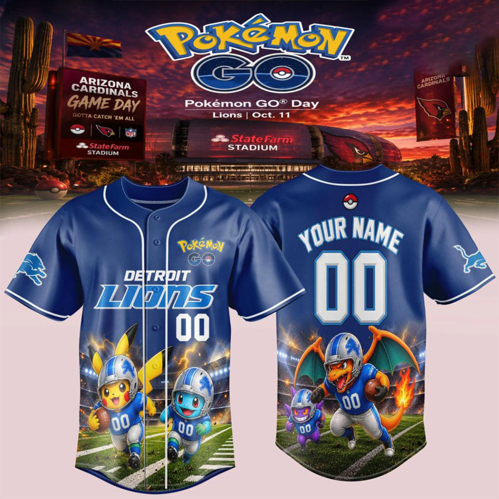 Custom Detroit Lions X Pokemon GO Game Day Pikachu Baseball Jersey Detroit Lions Merch Fan Gift - Merchluma