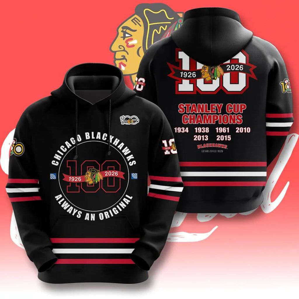 Chicago Blackhawks 100th Anniversary Centennial Hoodie Blackhawks Merch Gift For Hockey Fans - Merchluma