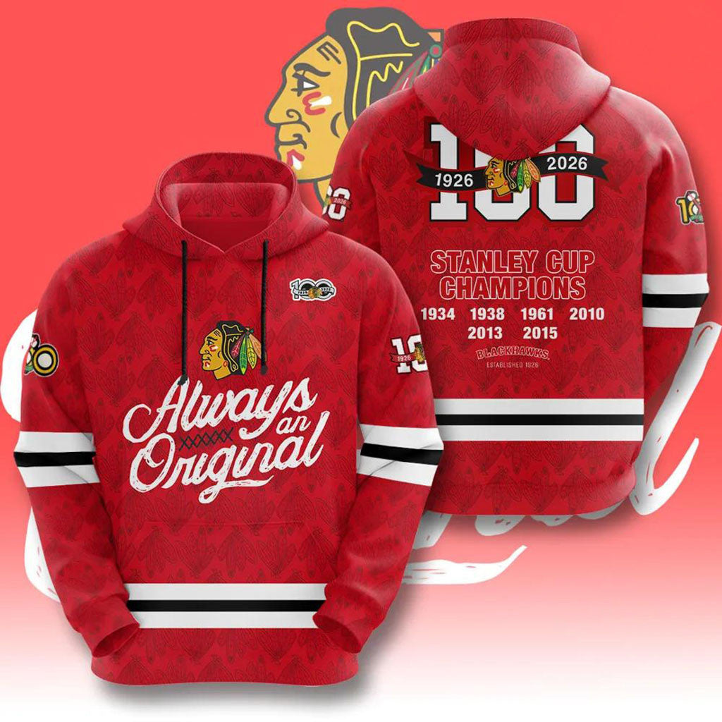 Chicago Blackhawks 100th Anniversary Centennial Hoodie Chicago Blackhawks Merch Hockey Fan Gift - Merchluma