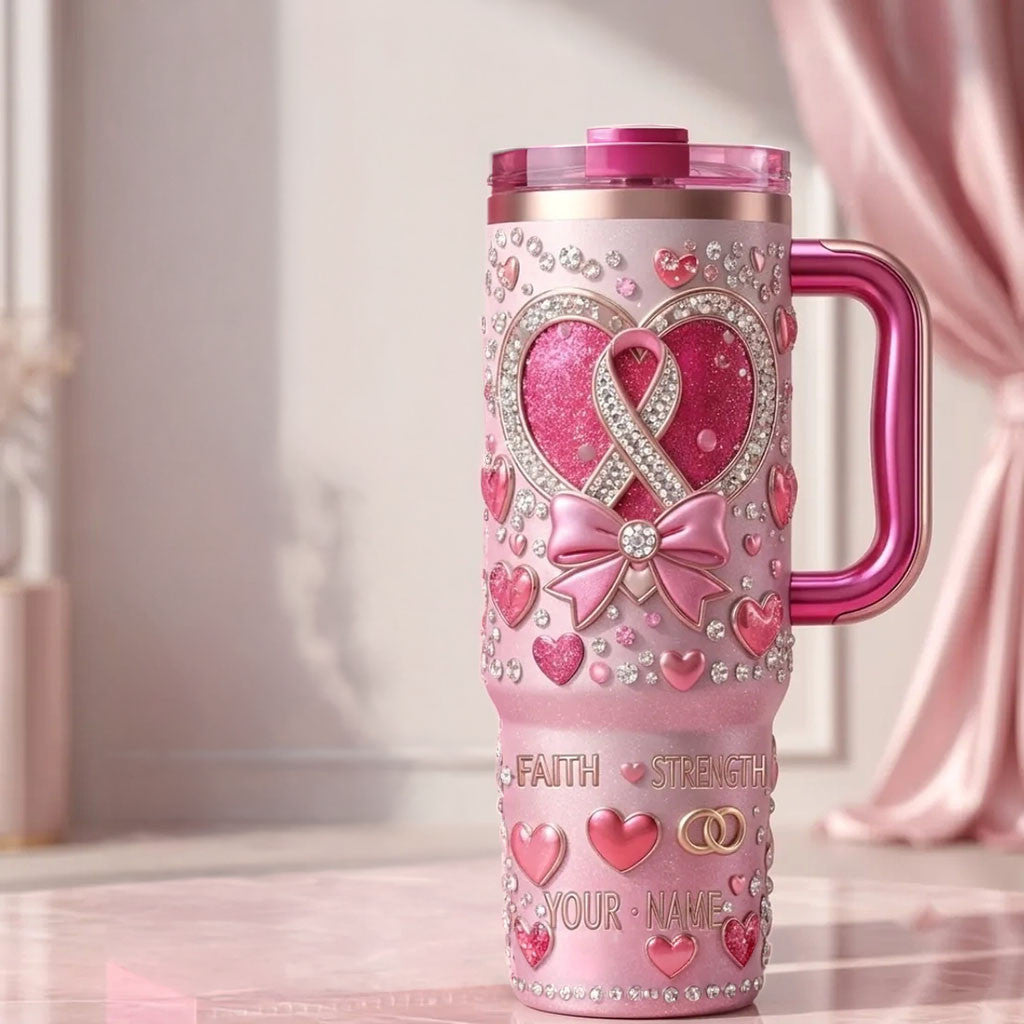 Custom Breast Cancer Awareness Stanley Tumbler Faith Strength Travel Cup Cancer Warrior Gifts - Merchluma