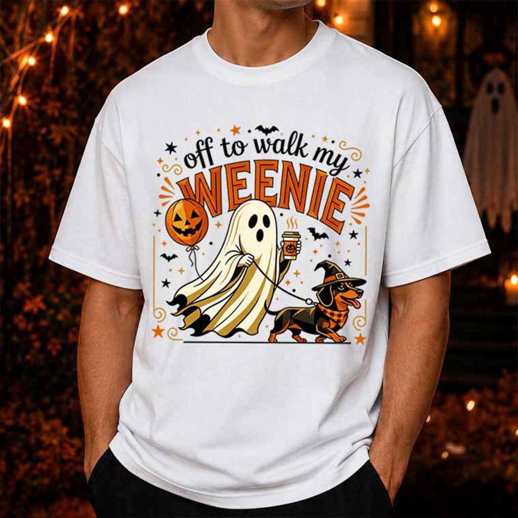 Off To Walk My Weenie T-Shirt Funny Ghost Dachshund Halloween Shirt Gifts For Dog Lovers - Merchluma