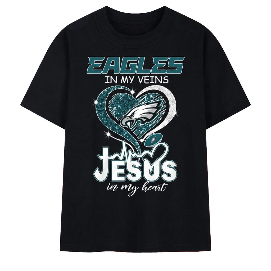 Philadelphia Eagles In My Veins Jesus In My Heart T-Shirt Eagles Merch Gifts For Football Fan - Merchluma