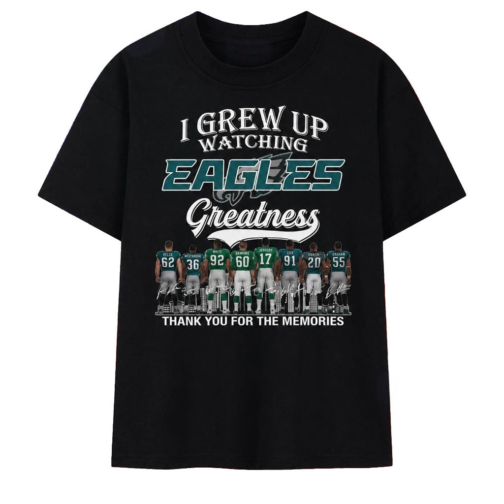 Philadelphia Eagles Merch I Grew Up Watching Eagles Greatness Legends Signatures 2026 T-Shirt - Merchluma