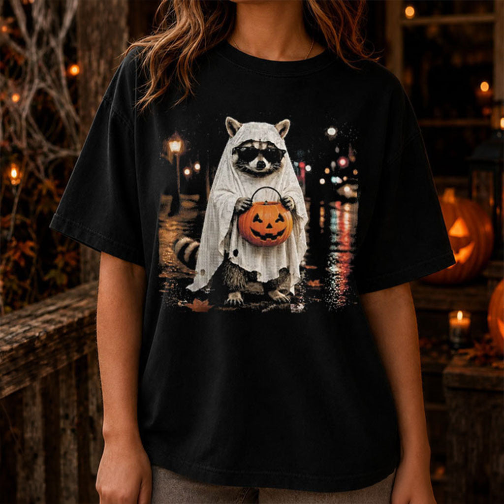 Raccoon Ghost Pumpkin T-Shirt Cute Animal Shirt Halloween Gifts Ideas For Friends - Merchluma