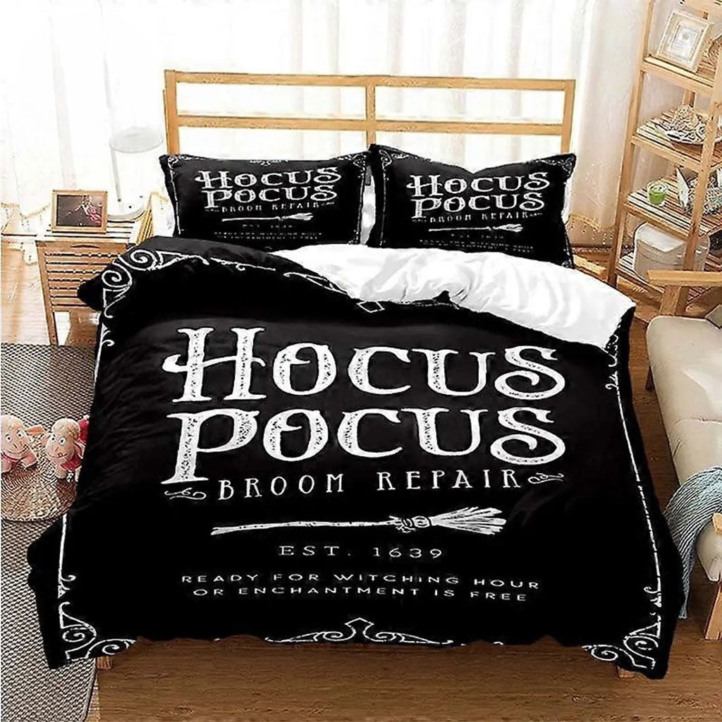 Hocus Pocus Broom Repair Est 1639 Ready For Witching Hour Black Bedding Set Halloween Decor - Merchluma