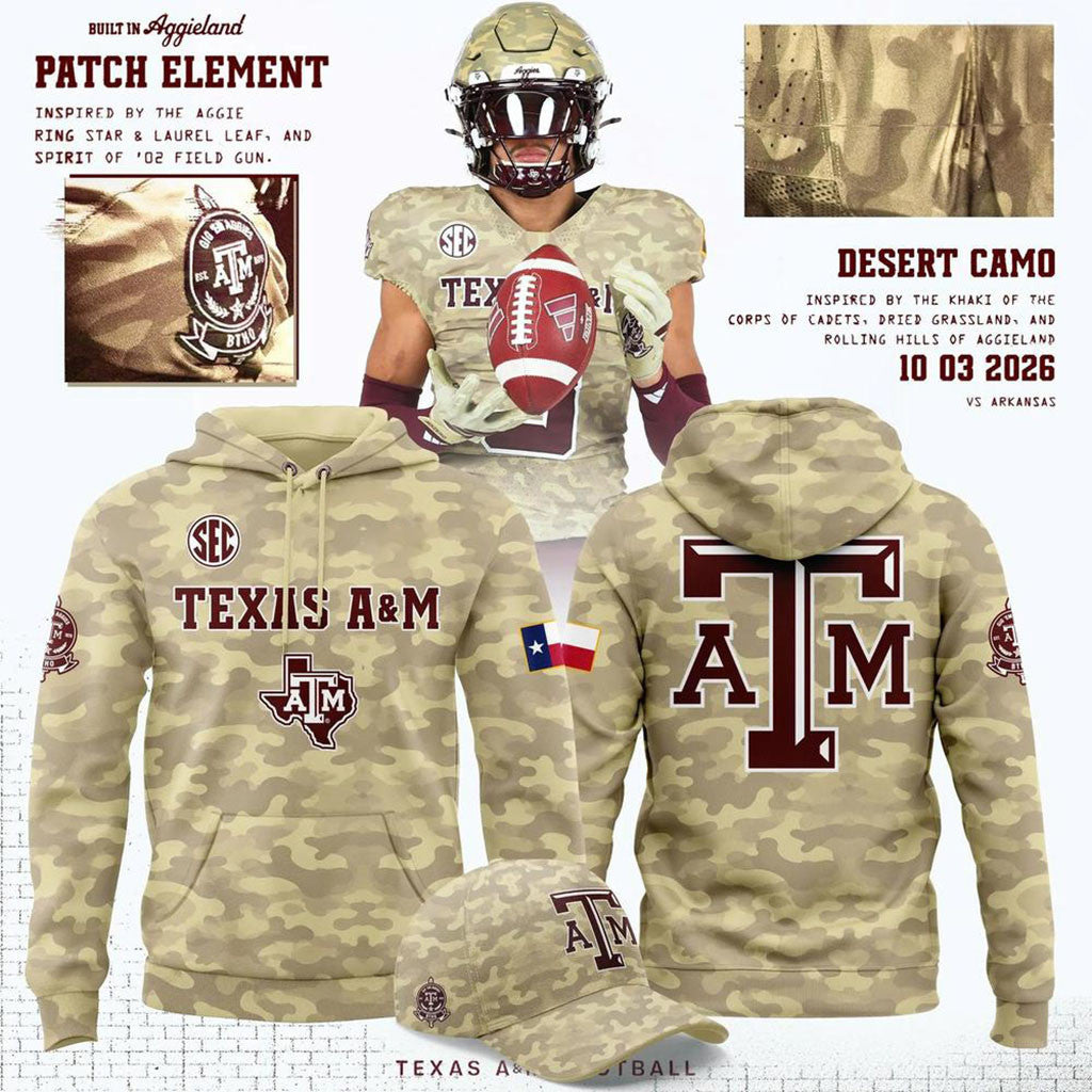 Custom Texas A&M Aggies 2026 Honor and Support Desert Camo Hoodie Aggies Merch Fans Gifts - Merchluma