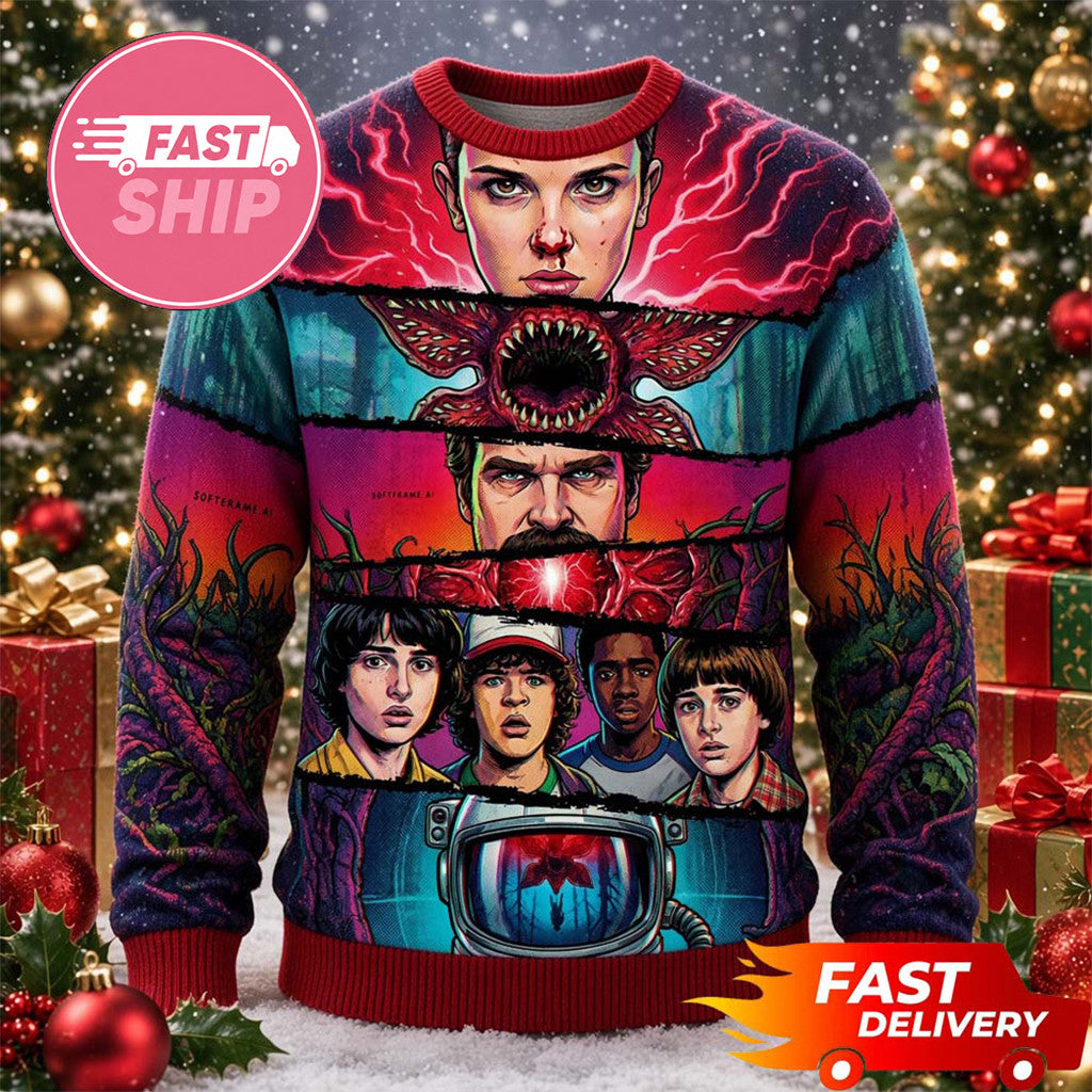 Stranger Things Merch Fights With Demogorgon In Upside Down Ugly Sweater Gifts For Christmas - Merchluma