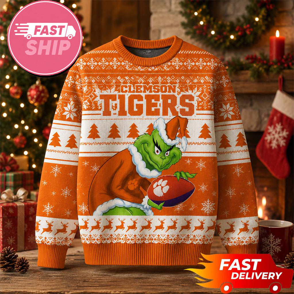Clemson Tigers Grinch Christmas Ugly Sweater Clemson Tigers Merch Presents For Football Fans - Merchluma