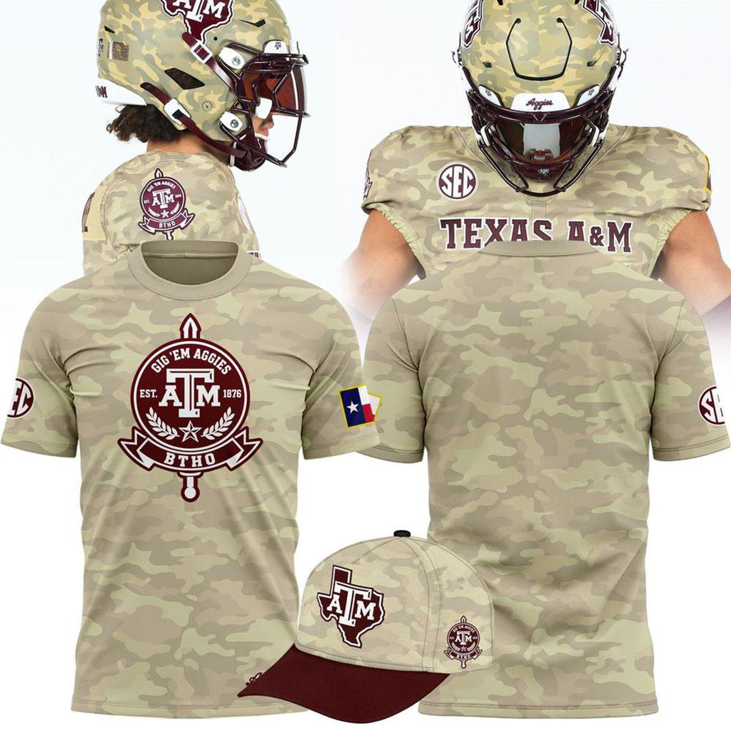 Texas A&M Aggies Gig Em Military Camo T-Shirt Aggies Merch Best Gifts For Football Fans - Merchluma