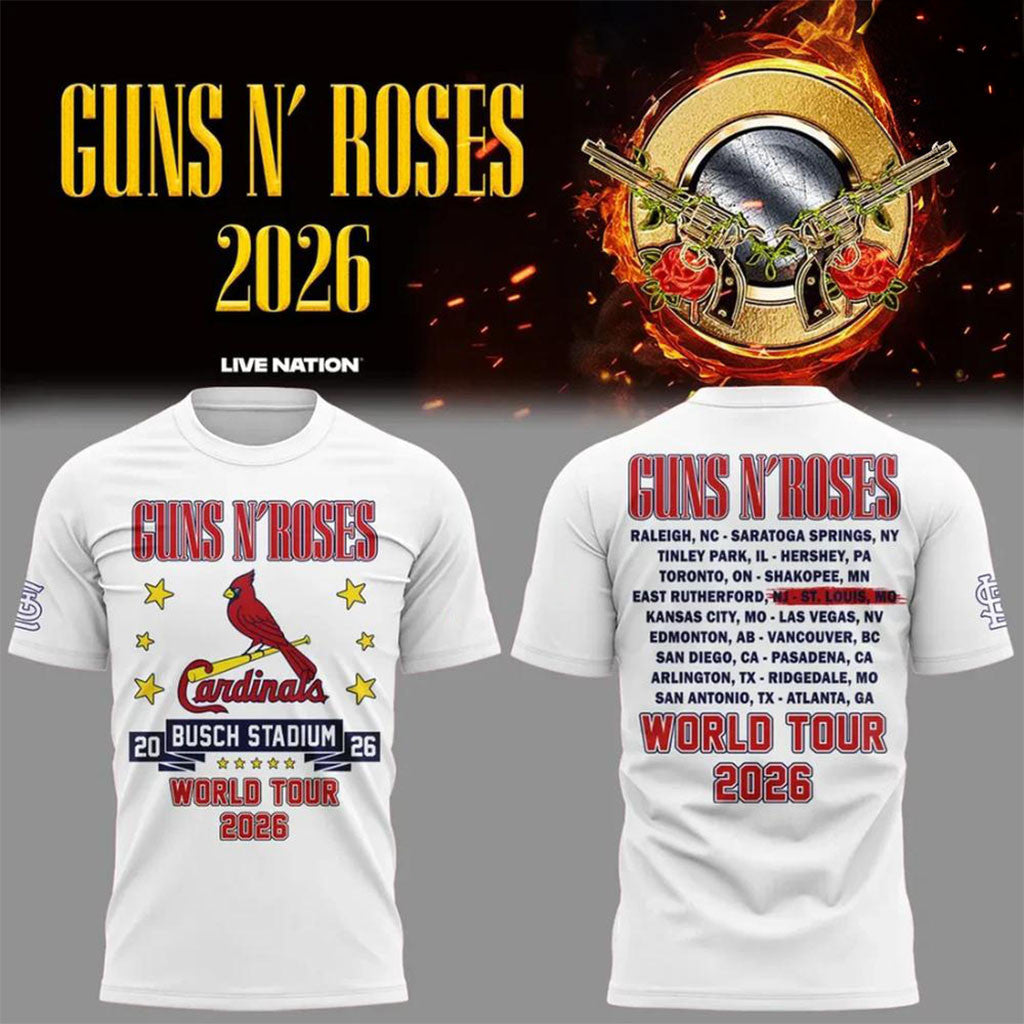 Guns N Roses x St Louis Cardinals World Tour 2026 Busch Stadium Shirt White Cardinals Merch - Merchluma