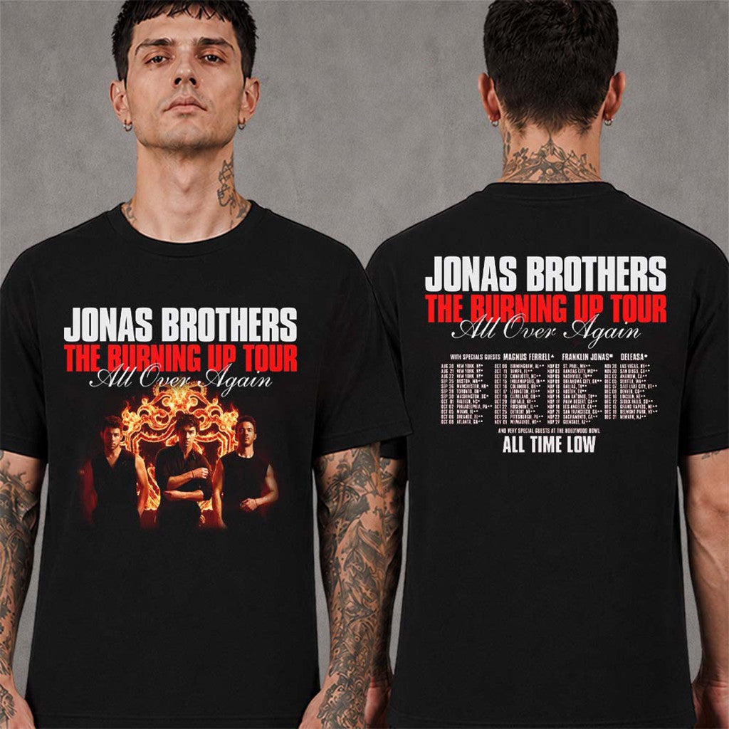 Jonas Brothers Merch The Burning Up Tour All Over Again 2026 North America Schedule Dates T-Shirt - Merchluma