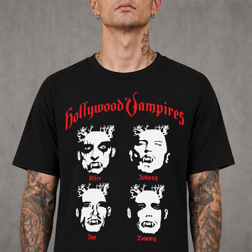 Hollywood Vampires Merch Europe And UK 2026 Tour Alice Johnny Joe And Tommy Faces T-Shirt - Merchluma
