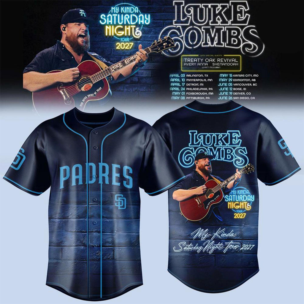 Luke Combs x San Diego Padres My Kinda Saturday Night Tour 2027 Baseball Jersey Padres Merch - Merchluma