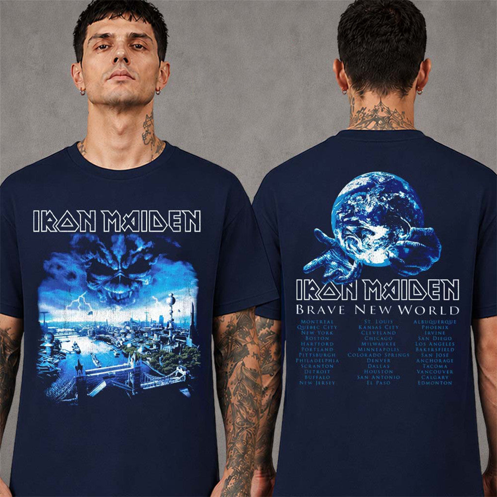 Iron Maiden Merch IM50 Anniversary Collection Brave New World Tour 2000 Navy T-Shirt - Merchluma