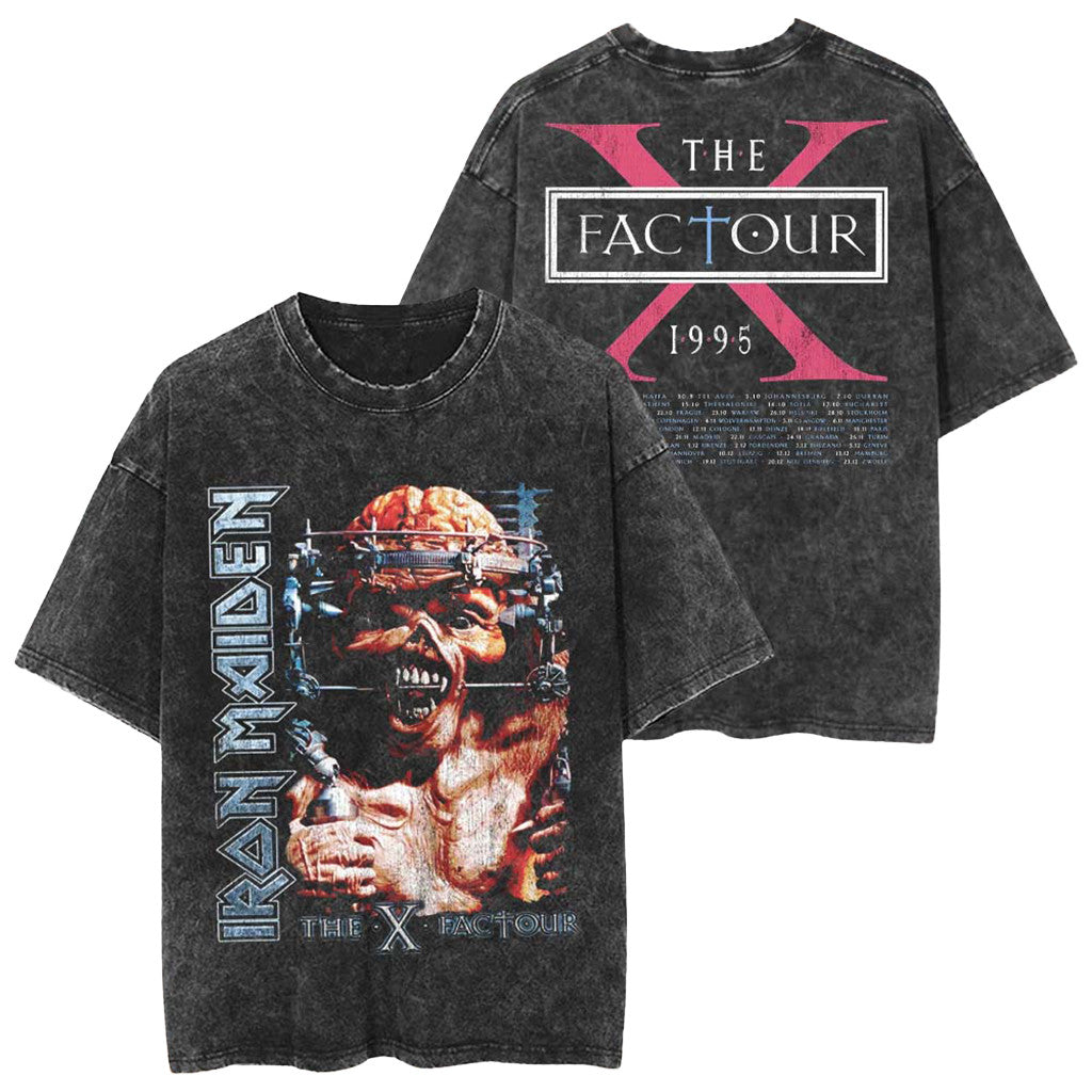 Iron Maiden Merch IM50 Anniversary Collection The X Factor Tour 1995 Eddie Vision Wash T-Shirt - Merchluma