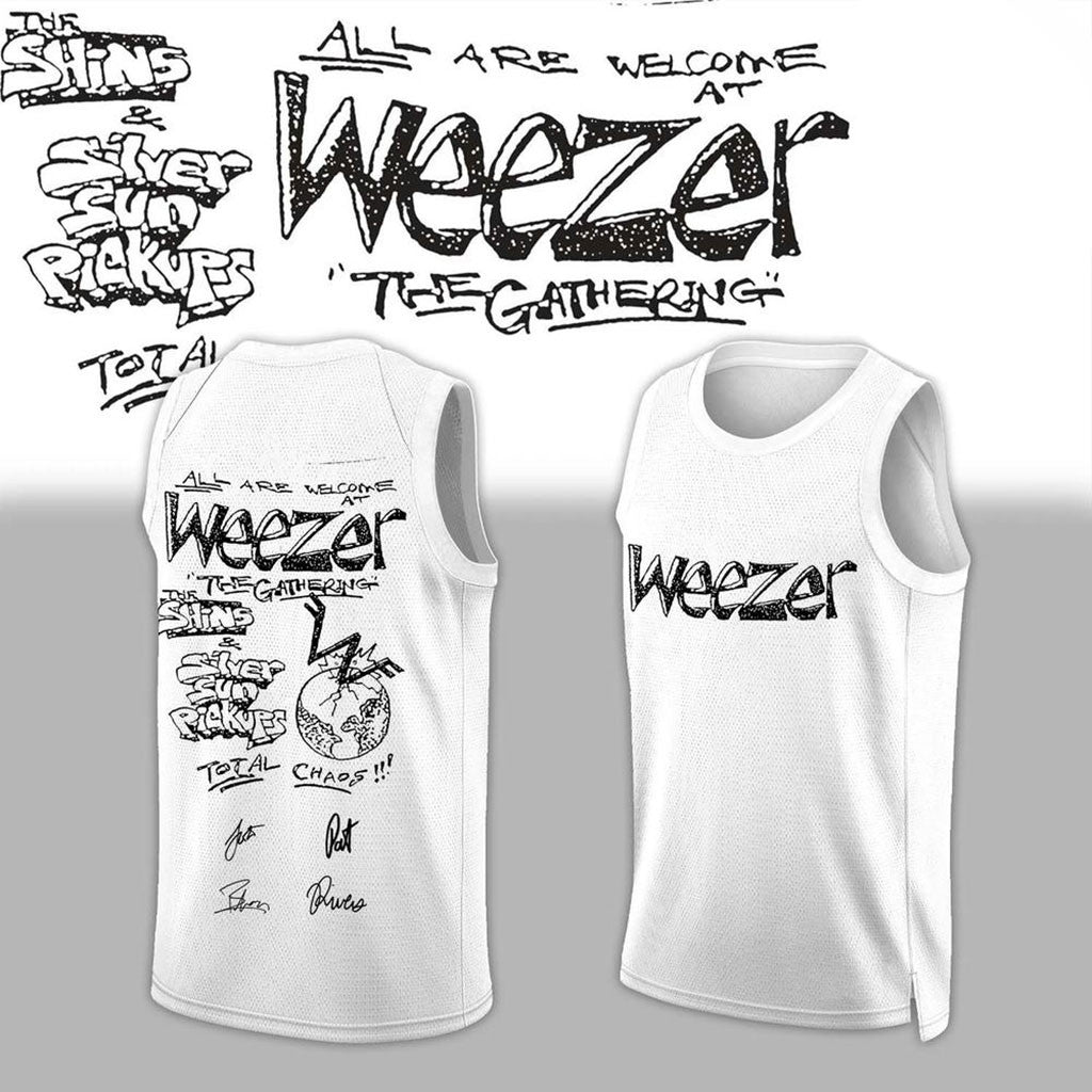 Weezer Merch The Gathering World Wide Tour 2026 Basketball Jersey Rock Fan Gear White - Merchluma