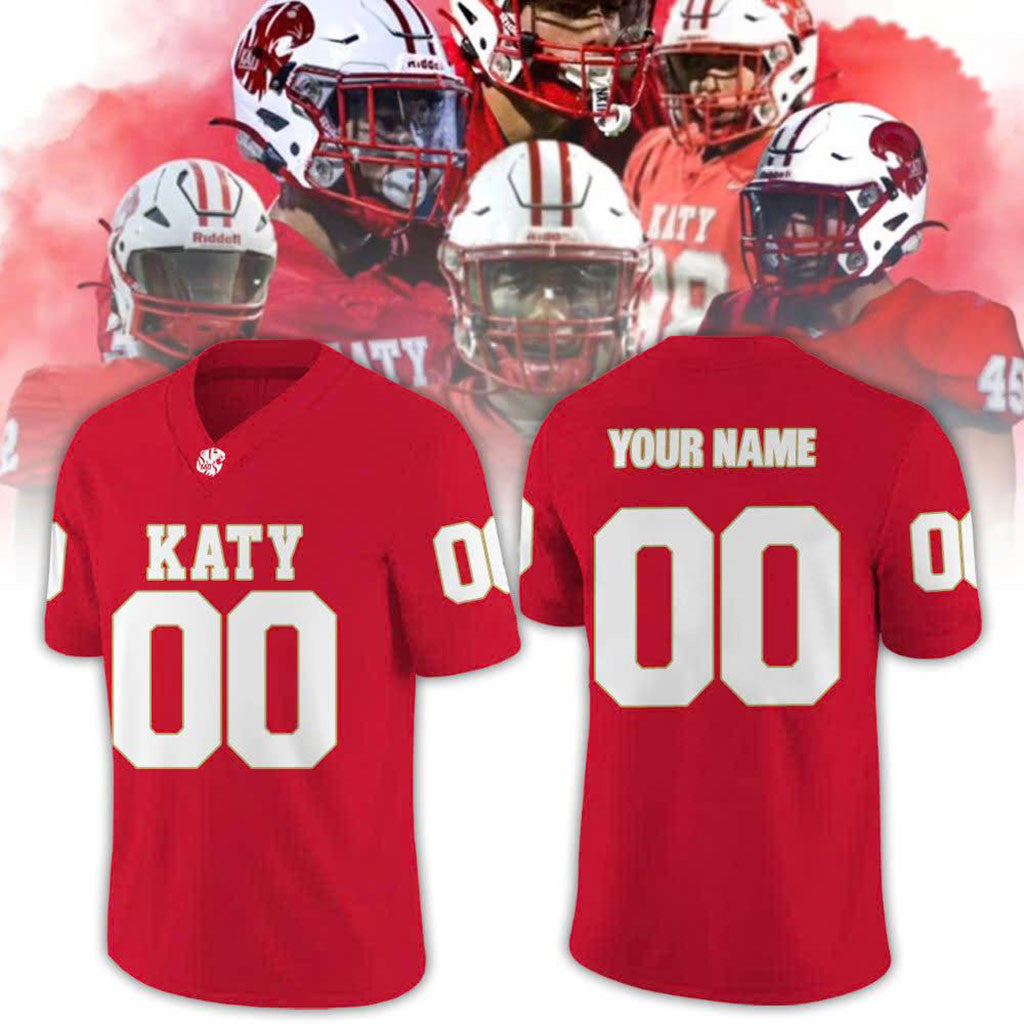 Custom Katy Tigers High School Football Jersey Red Katy Tigers Merch Presents For Football Fans - Merchluma
