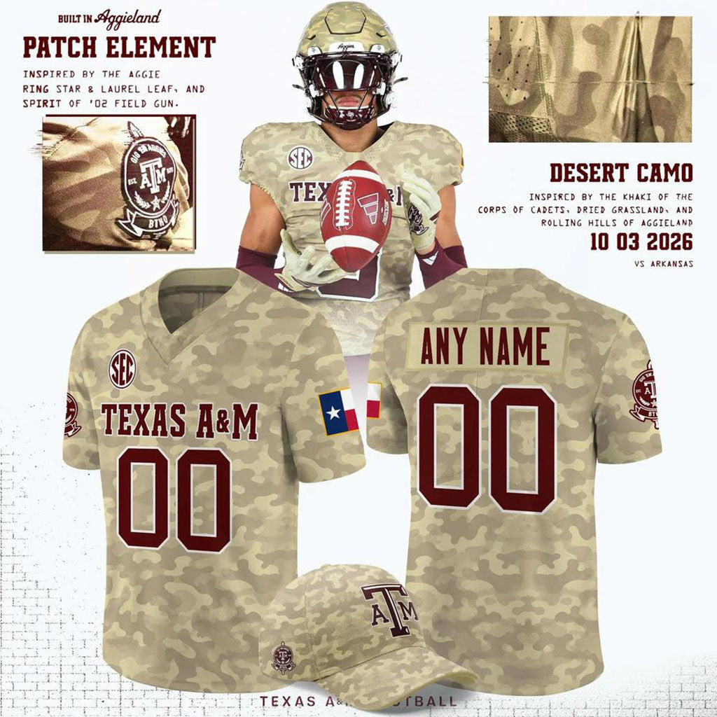 Custom Texas A&M Aggies 2026 Honor and Support Desert Camo Football Jersey Aggies Merch - Merchluma