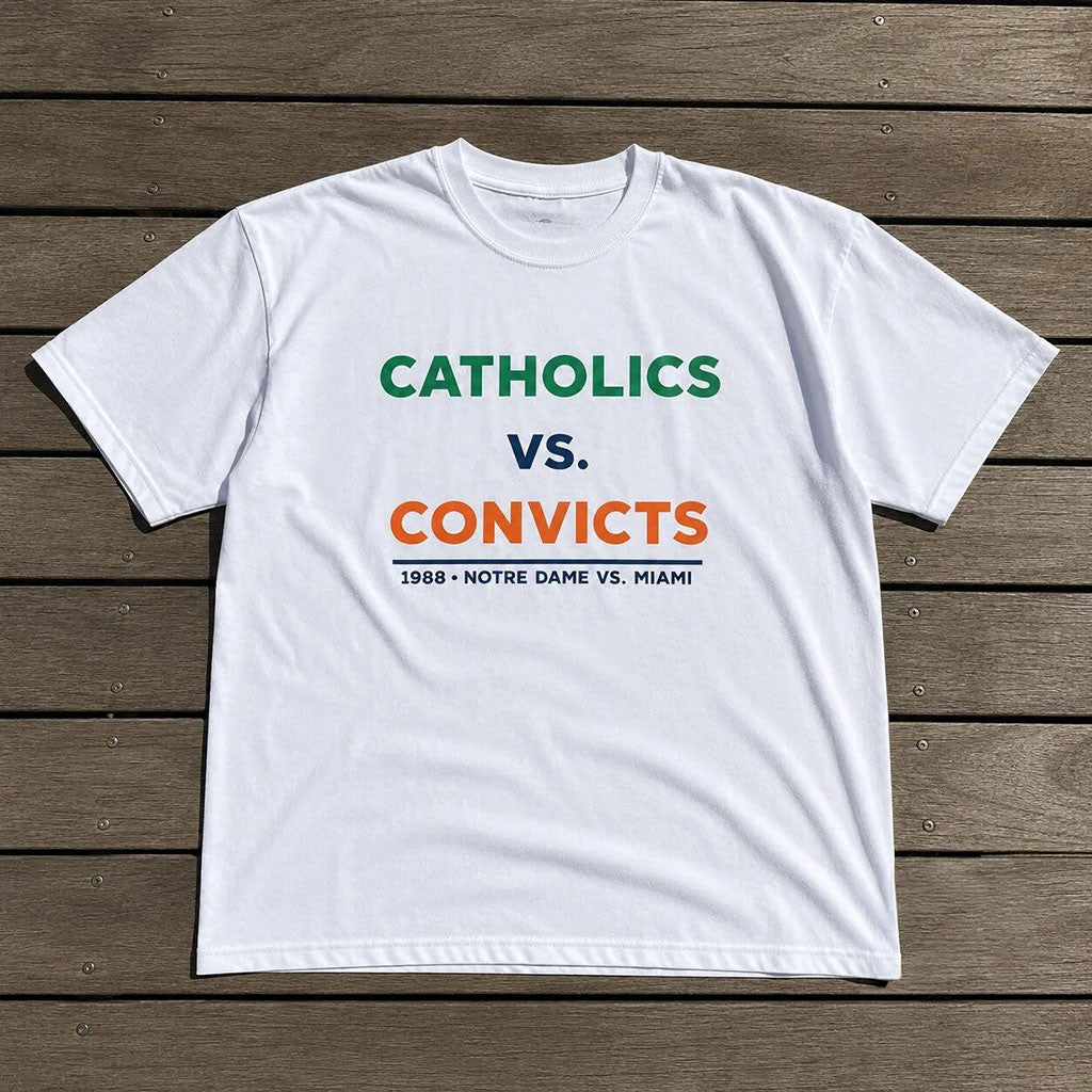 Catholics Vs Convicts Shirt White Notre Dame Fighting Irish x Miami Hurricanes Merch - Merchluma