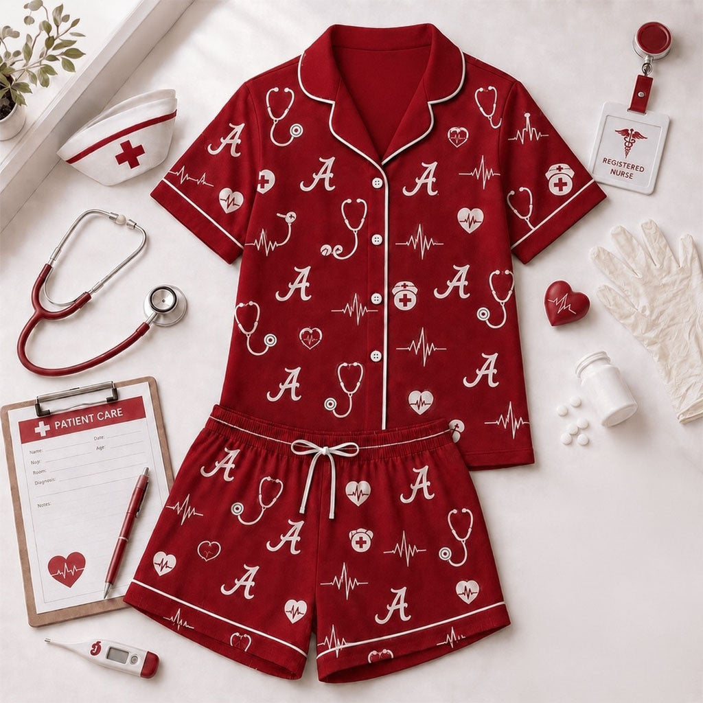 Alabama Crimson Tide Heartbeats And Home Teams Short Sleeve Pajamas Set Crimson Tide Merch - Merchluma