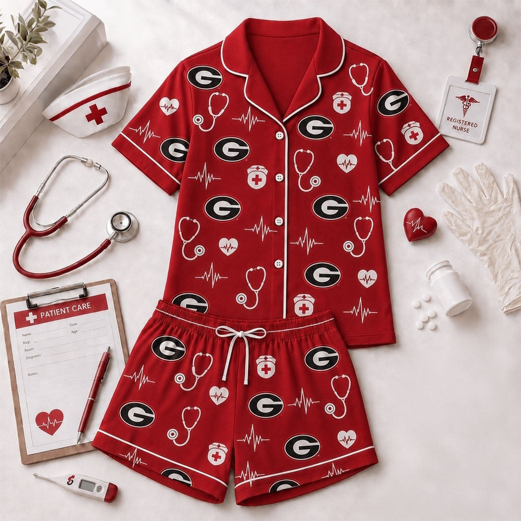 Georgia Bulldogs Heartbeats And Home Teams Short Sleeve Pajamas Set Bulldogs Merch Her Gifts - Merchluma