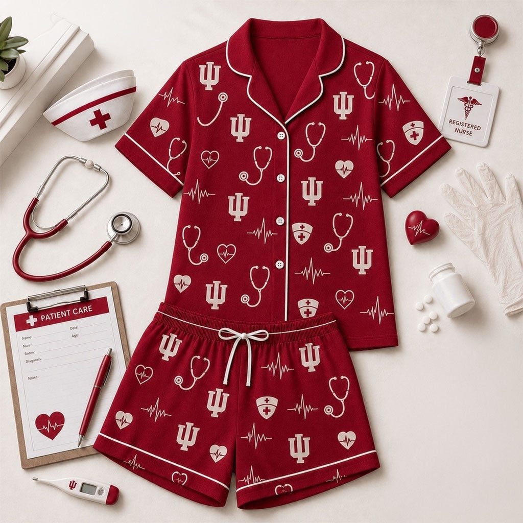 Indiana Hoosiers Heartbeats And Home Teams Short Sleeve Pajamas Set Hoosiers Merch Wife Gifts - Merchluma