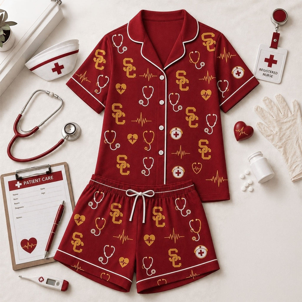 USC Trojans Heartbeats And Home Teams Short Sleeve Pajamas Set USC Trojans Merch Girlfriend Gifts - Merchluma