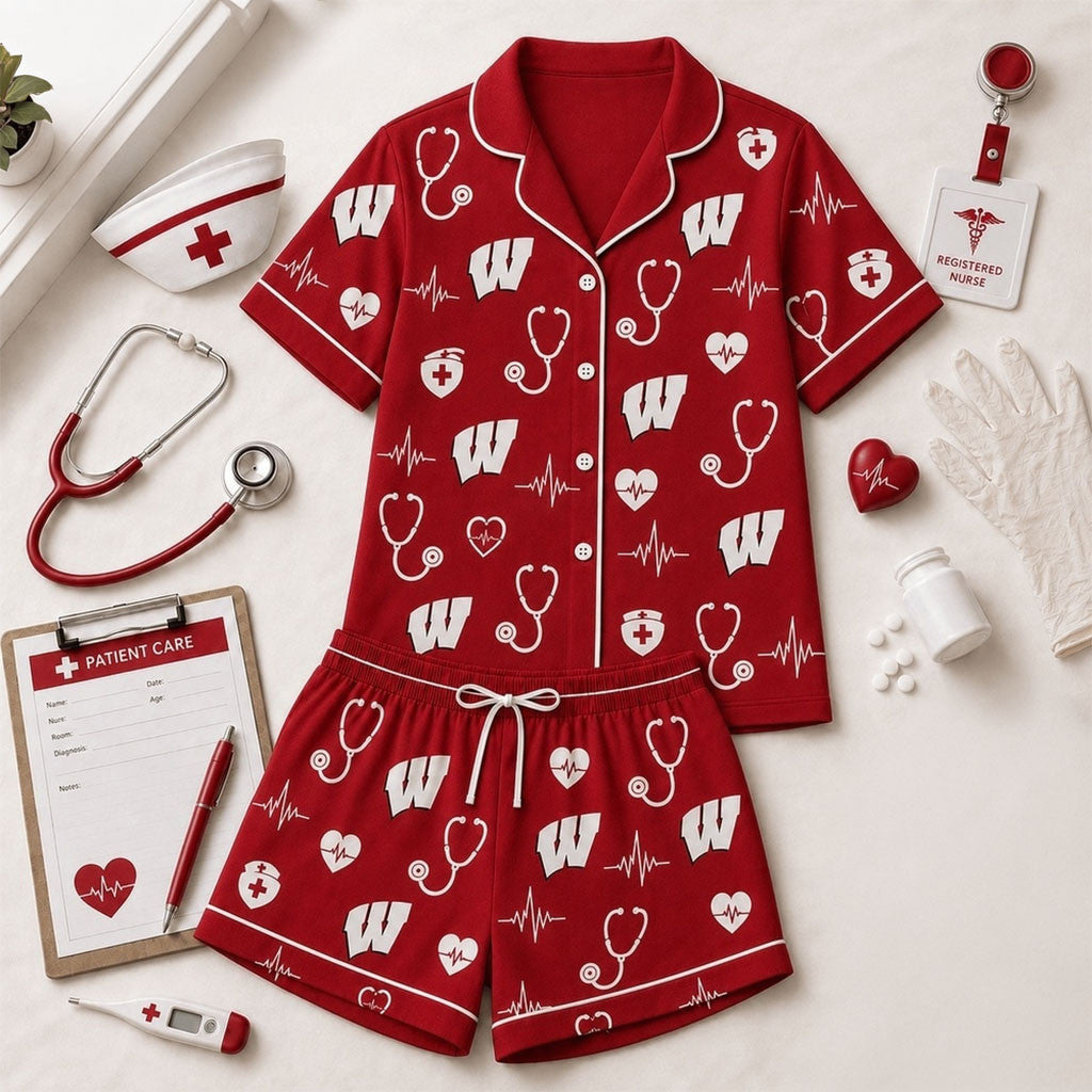 Wisconsin Badgers Heartbeats And Home Teams Short Sleeve Pajamas Set Badgers Merch Fans Gifts - Merchluma