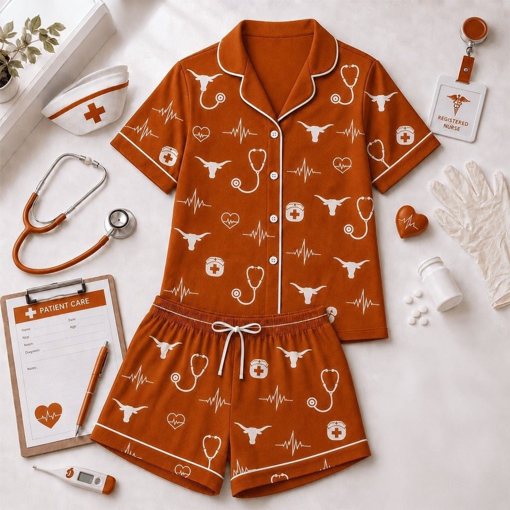 Texas Longhorns Heartbeats And Home Teams Short Sleeve Pajamas Set Longhorns Merch Fan Gifts - Merchluma