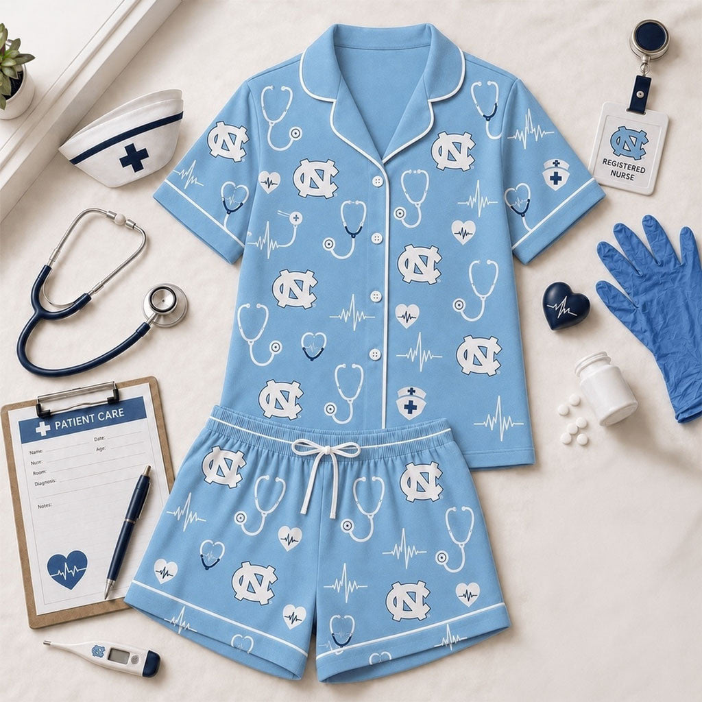 North Carolina Tar Heels Heartbeats And Home Teams Short Sleeve Pajamas Set Heels Merch Gifts - Merchluma