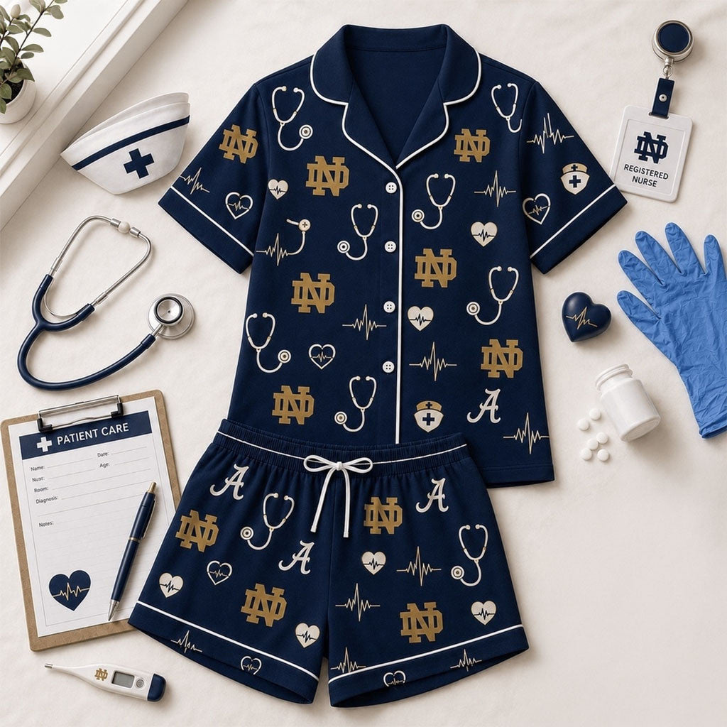 Notre Dame Fighting Irish Heartbeats And Home Teams Short Sleeve Pajamas Set Fighting Irish Merch - Merchluma