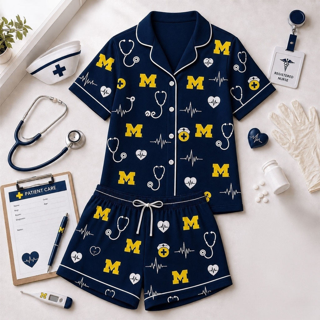 Michigan Wolverines Heartbeats And Home Teams Short Sleeve Pajamas Set Wolverines Merch Gifts - Merchluma