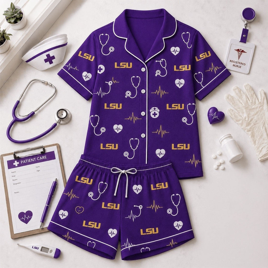 LSU Tigers Heartbeats And Home Teams Short Sleeve Pajamas Set LSU Tigers Merch Sister Gifts - Merchluma