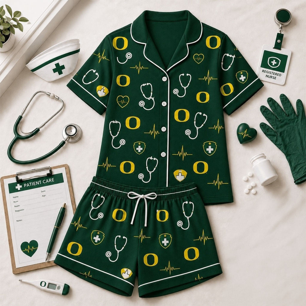 Oregon Ducks Heartbeats And Home Teams Short Sleeve Pajamas Set Ducks Merch Gifts For Her - Merchluma