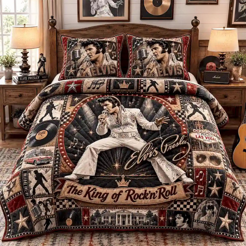 Elvis Presley King Of Rock N Roll Quilt Bedding Set Elvis Presley Merch Bedroom Decor - Merchluma