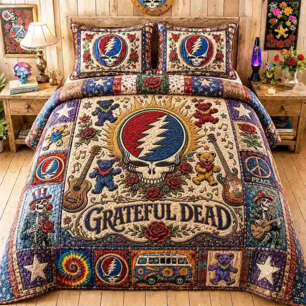 Grateful Dead Dancing Bear Quilt Bedding Set Grateful Dead Merch Gift For Music Lovers Decor - Merchluma