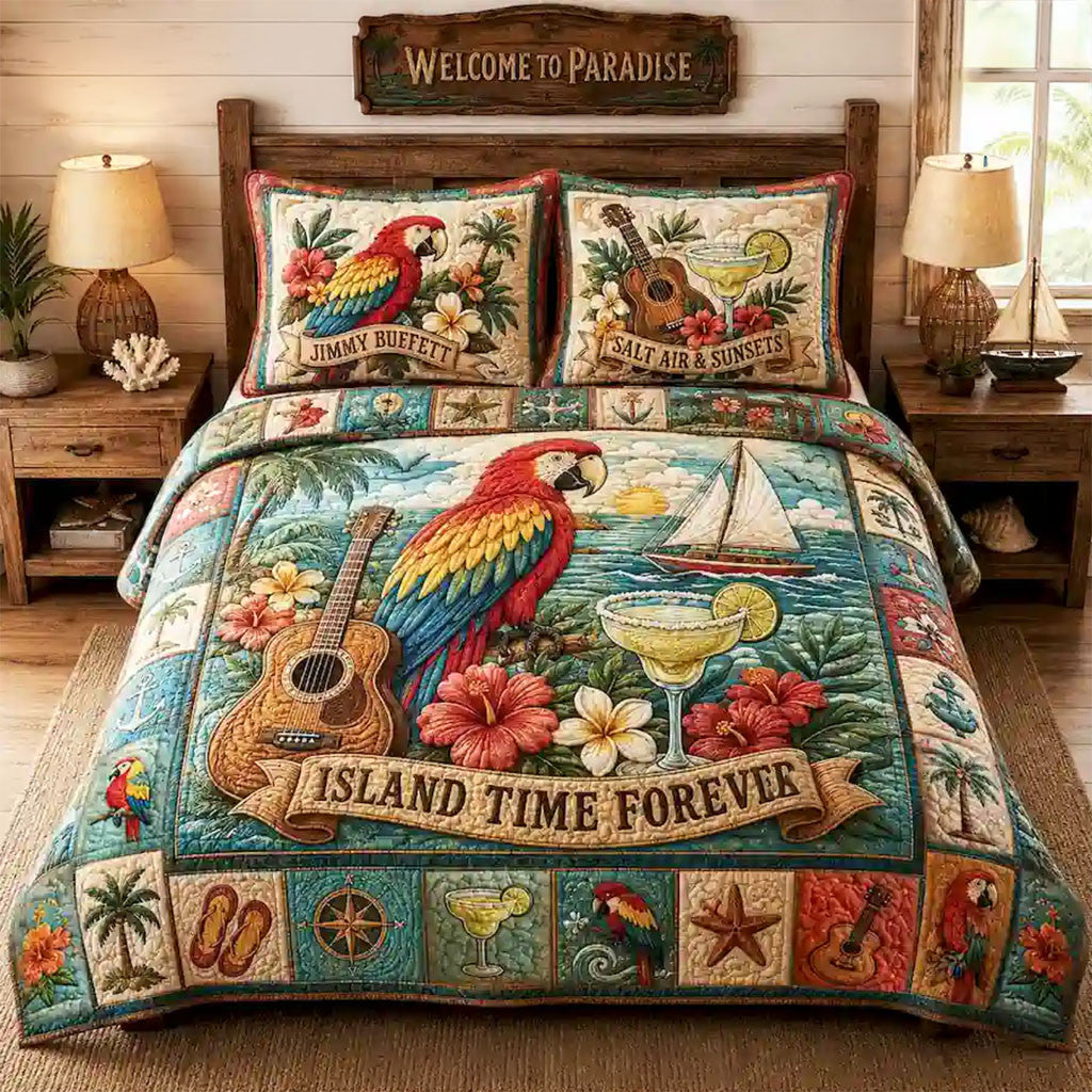 Jimmy Buffett Island Time Forever Quilt Bedding Set Tropical Themed Decor Jimmy Buffett Merch - Merchluma