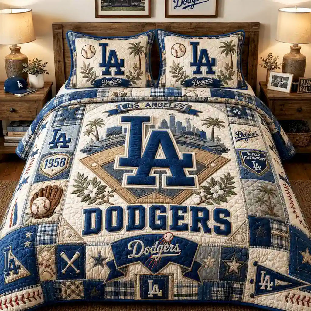 Los Angeles Dodgers World Series Champions Quilt Bedding Set LA Dodgers Merch Baseball Fan Gift - Merchluma