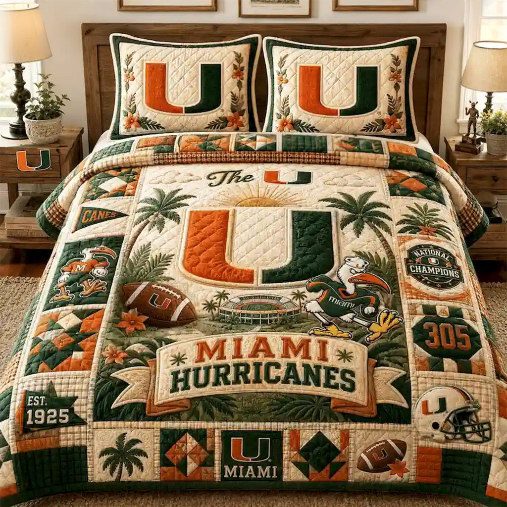 Miami Hurricanes National Champions Quilt Bedding Set Hurricanes Merch Football Fan Gifts - Merchluma