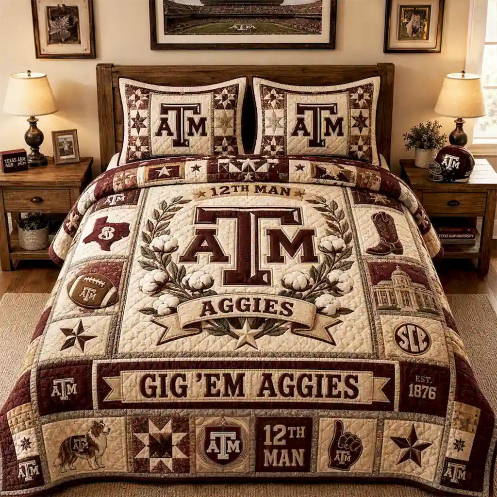 Texas A&M Aggies 12th Man Quilt Bedding Set Bedroom Ideas Presents For Football Fans - Merchluma