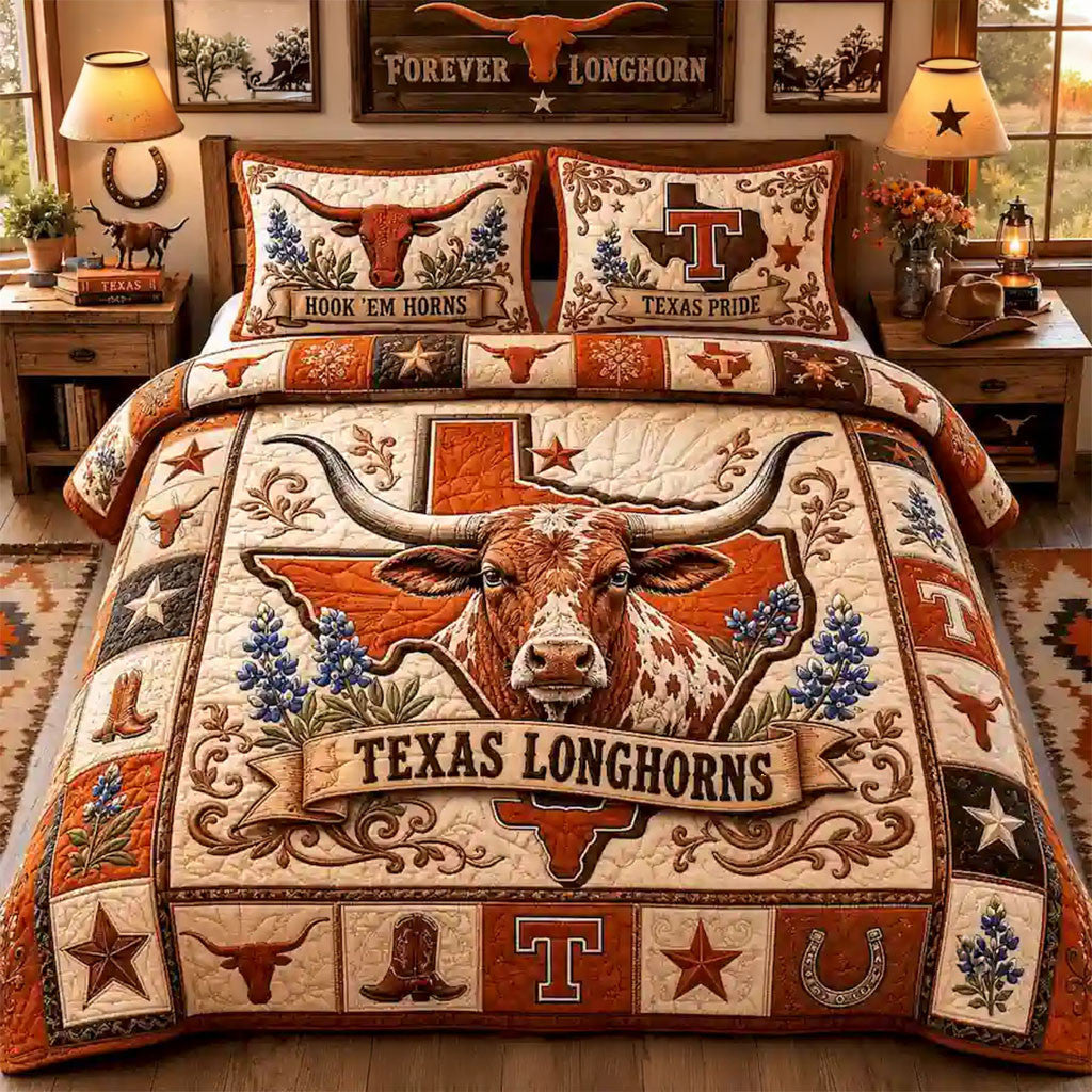 Texas Longhorns Texas Pride Quilt Bedding Set Texas Longhorns Merch Bed Room Decoration - Merchluma