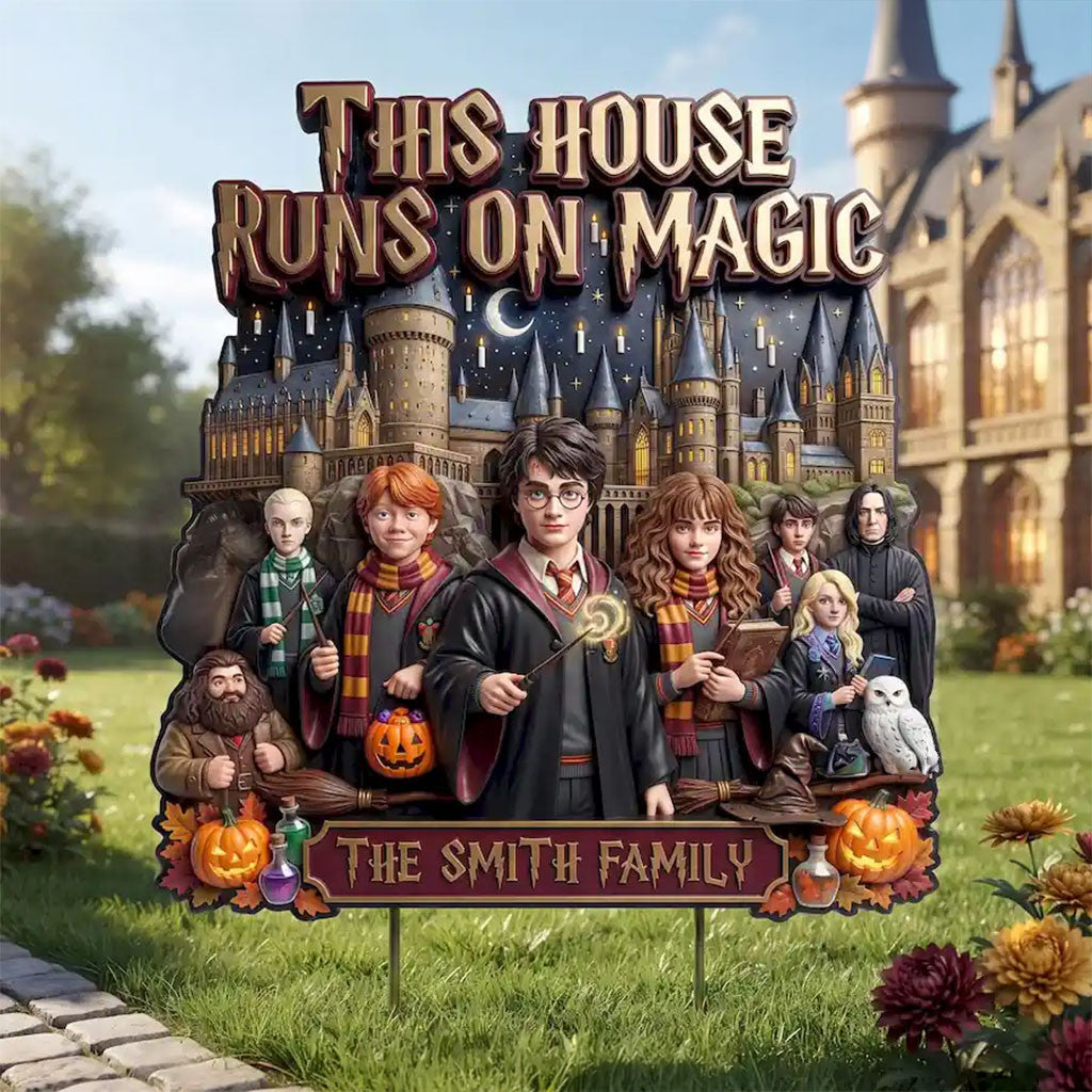 Personalized Harry Potter This House Runs On Magic Yard Sign Harry Potter Merch Halloween Decor - Merchluma