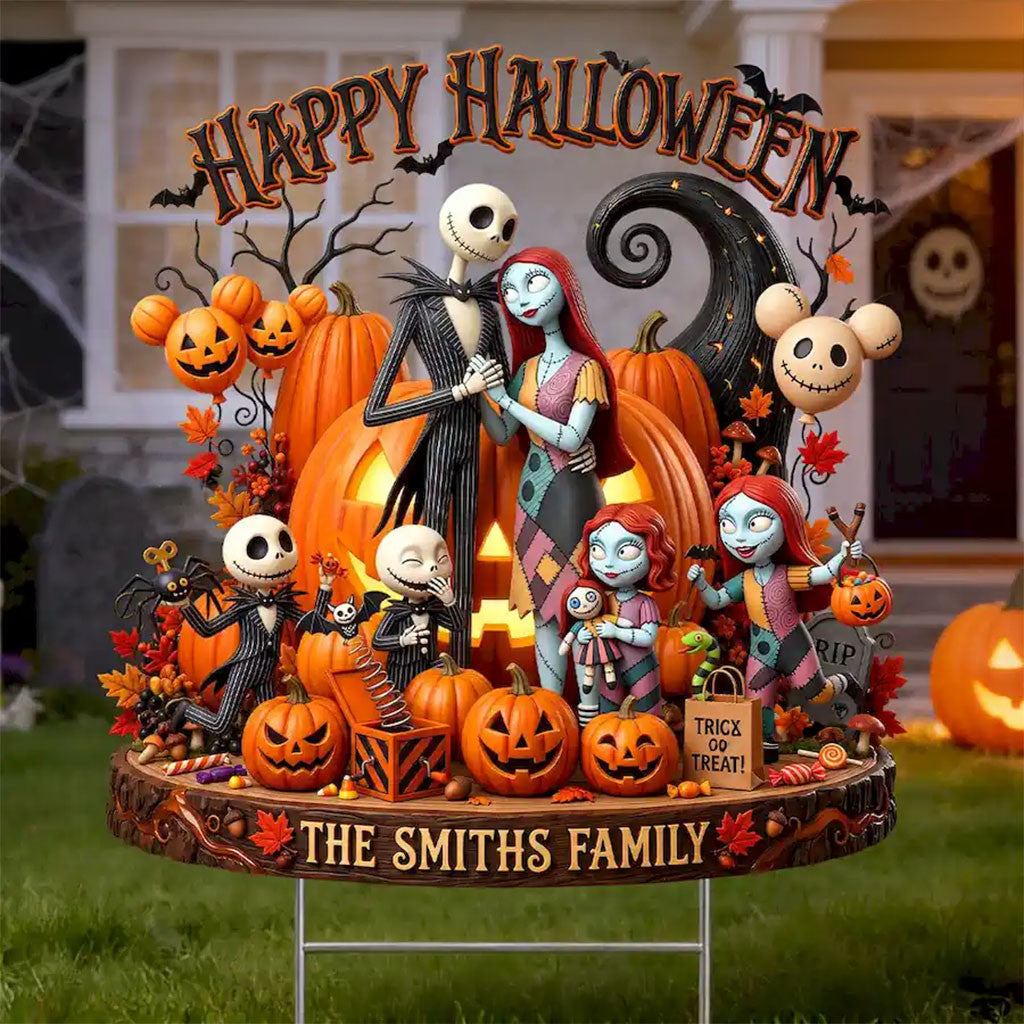 Personalized Jack Skellington Family Happy Halloween Yard Sign Spooky Garden Decor Ideas - Merchluma