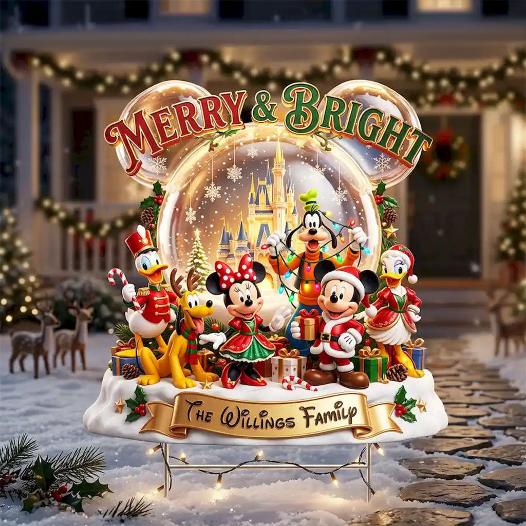 Personalized Mickey Mouse And Friends Merry And Bright Yard Sign Christmas Garden Decor Ideas - Merchluma