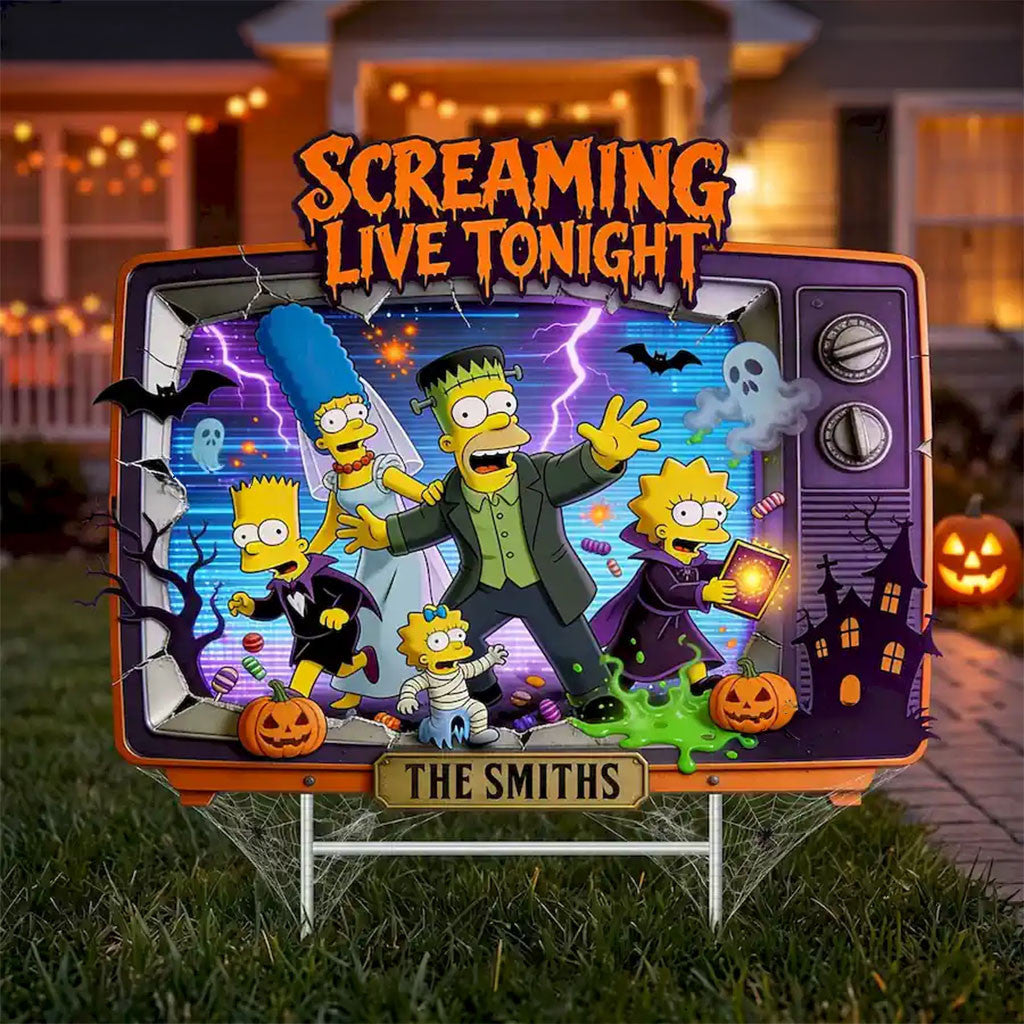 Personalized The Simpson Family Streaming Live Tonight Yard Sign Halloween Garden Decor - Merchluma